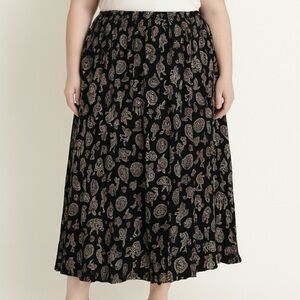 Vintage Sun River Black Kokopelli Western Boho Maxi Skirt Plus 1X Crinkle Rayon